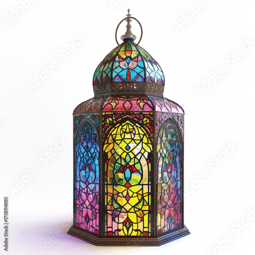 Realistic Islamic lantern with stained glass, white background.