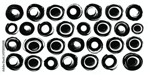Brush stroke circles seamless pattern artistic ink design black and white hand drawn vector grunge element background texture