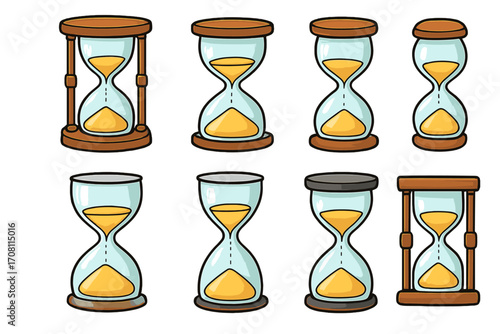 Set of hourglasses in various designs. Collection of sand clocks and sandglasses. Concept of time, deadline, countdown, and patience. Vintage timer instrument vector icons.