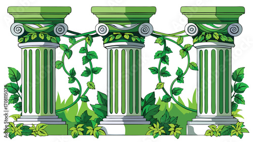 Cartoon ionic columns with green vines and leaves illustration of architectural elements for garden design and fantasy theme,isolated on white background