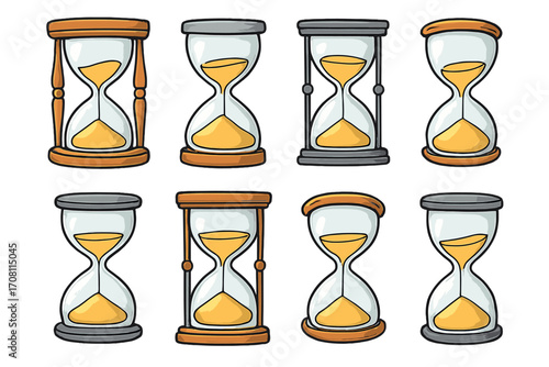 Set of various hourglass designs. Sandglass and sand clock vector cartoon illustration collection. Concept for time, deadline, countdown, patience, history, and urgency.