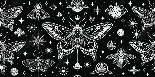 Celestial moth and stars pattern seamless black and white mystical insect design galaxy space astrology illustration creative backdrop elegant ornamental print textile aesthetic texture