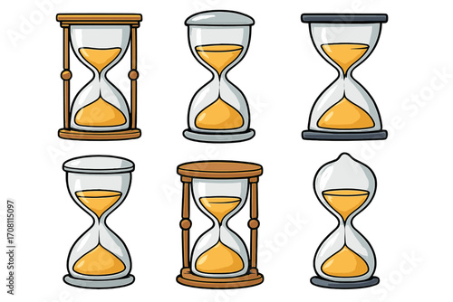 Vector set of various hourglass & sandglass designs. Cartoon icons collection. Time, deadline, countdown concept. Sand clock illustration for time management, patience, waiting.