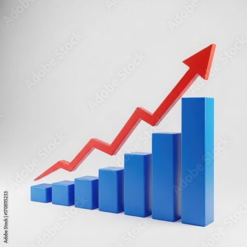 Red arrow graph showing upward trend and growth over blue bars isolated on white background Free Download Red arrow graph showing upward trend and growth over blue bars isolated on white background - GFXLoad