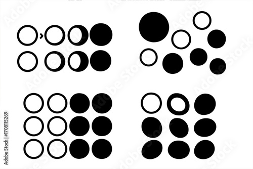 Moon phases icon set showing lunar cycle progression. Abstract geometric circle patterns. Design elements for process, transition, and variation. Black and white graphic shapes.