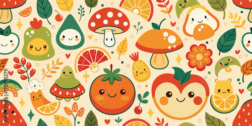 Charming seamless pattern featuring cute fruits vegetables and plants perfect for childrens decor fabrics and playful backgrounds with smiling faces