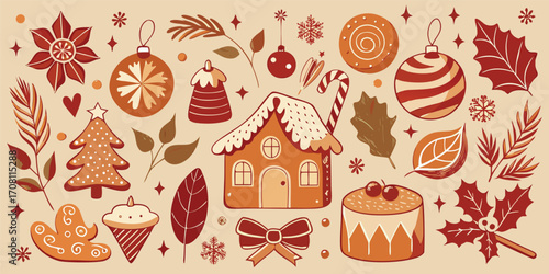 Charming christmas vector illustration featuring gingerbread house ornaments and winter foliage in muted red brown tones