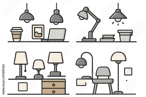 Collection of modern lamps and office furniture. Home workspace interior design elements. Set of desk, table, and floor lamps. Flat line art vector illustration icons.