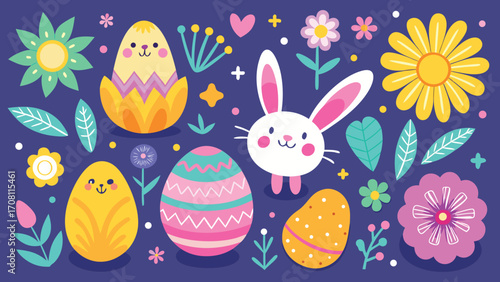 Cheerful easter celebration flat illustration with cute bunny and colorful eggs against a dark blue background with springtime florals