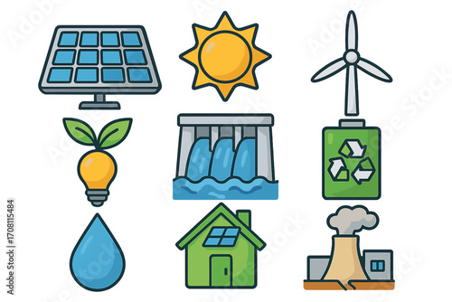 Renewable energy icon set. Green power technologies. Sustainable electricity generation concepts. Solar panel, wind turbine, hydroelectric dam, eco friendly home vector symbols.
