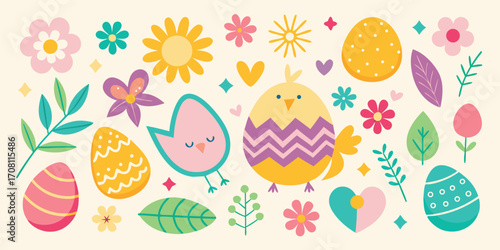 Cheerful easter illustration with cute chicks easter eggs and colorful flowers for spring holiday season celebration and decoration