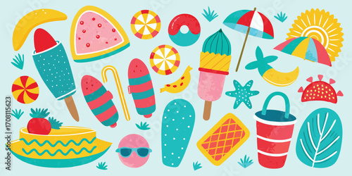 Cheerful summer vector background featuring popsicles fruits and beach accessories for a fun and vibrant design ideal for creative projects