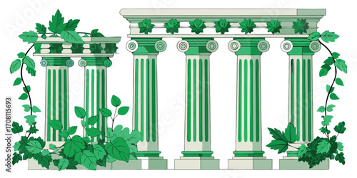Classical greek columns with ivy illustration ancient architecture and green foliage serene vintage design element for decoration and templates