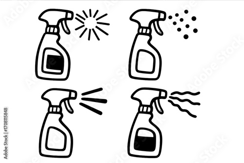 Spray bottle icon set. Collection of black and white vector sprayer symbols showing different spray patterns. Cleaning, sanitizing, and household concepts illustration.