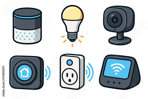 Smart home devices icon set. Internet of Things vector collection. Speaker, light bulb, security camera, hub, smart plug. Home automation and wireless technology control.