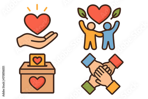 Charity and community icon set. Symbols of love, donation, and support. Vector illustration for volunteering, collaboration, and social engagement projects. Hope and help concept.