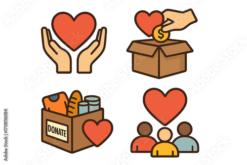 Charity and donation icon set. Community engagement symbols for volunteering and support. Vector illustration of food drive, fundraising, and humanitarian aid concepts.