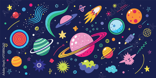 Colorful cartoon space landscape with planets stars rockets and cosmic elements against a dark blue background,perfect for childrens illustration or design