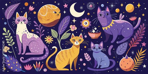 Colorful cats in mystical night garden illustration whimsical feline friends among moon stars flowers and planets on dark blue background