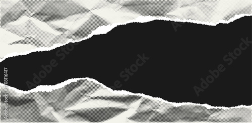 Torn paper background with halftone effect. Horizontal pieces of crumpled halftone paper with ripped edges and space for text. Template for posters, banners and overlays. Vector.