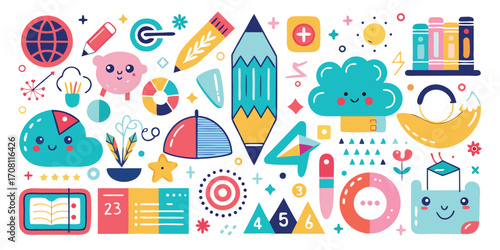 Colorful education and learning elements with globe pencil and cute icons for back to school designs cute style design