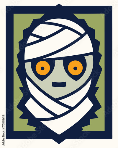 Whimsical cartoon mummy face illustration with bandages and spooky eyes perfect for halloween themes
