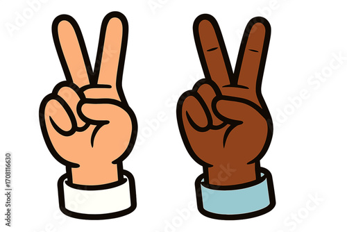 Two hands making peace sign. Vector illustration for unity, friendship, diversity. Different skin colors together for racial equality, harmony. Cartoon clipart for victory.
