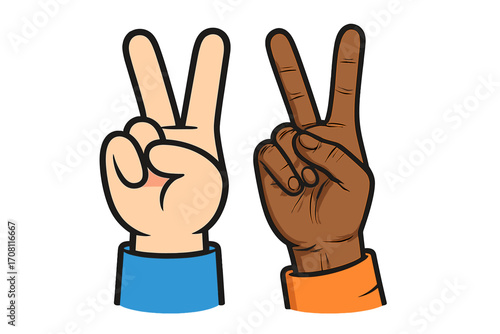 Two hands peace sign for unity and friendship. Vector cartoon showing racial diversity and equality. Metaphor for anti-racism, harmony, and multicultural society together.