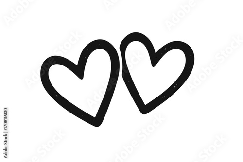 Two textured black hearts symbolize love, connection and romance. Hand drawn minimalist doodle sketch. Valentine's day or wedding design element. Grunge vector art illustration.