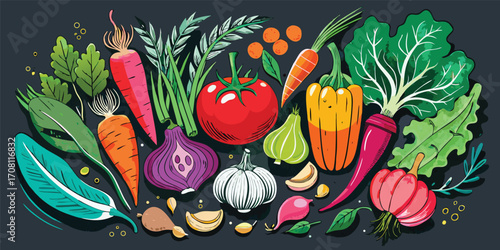 Colorful hand drawn assortment of vegetables on dark background featuring carrot onion tomato pepper garlic radish greens and turnip great for promoting healthy eating