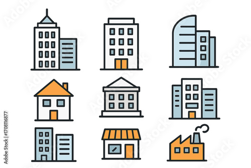 Building icon set for urban architecture and real estate. Vector graphic collection of city elements like house, office, bank, factory. Minimalist line art symbols.