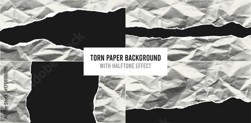 Set of torn paper backgrounds with halftone effect. Pieces of crumpled halftone paper with ripped edges and space for text. Template for posters, banners and overlays. Vector.