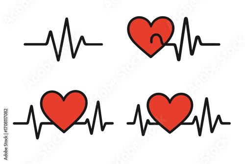 Heartbeat line vector icon set. Cardiogram, ECG, EKG pulse symbol collection. Red heart with a life line rhythm. Medical health care and cardiology monitoring concept logo.
