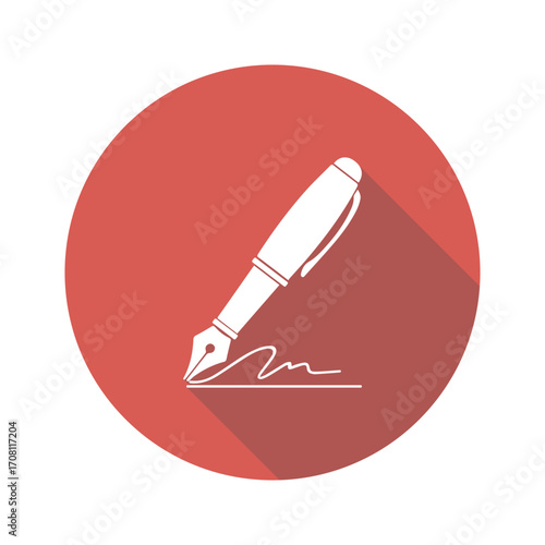 Fountain pen writing signature icon on red circle background