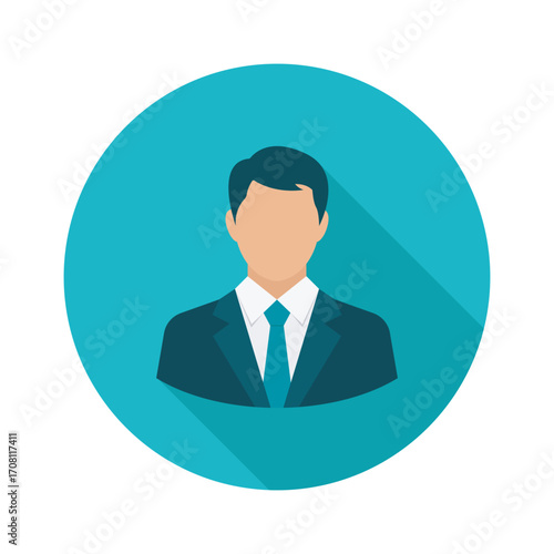 A distinguished faceless businessman symbolizing corporate leadership and anonymity in a modern teal icon with a soft