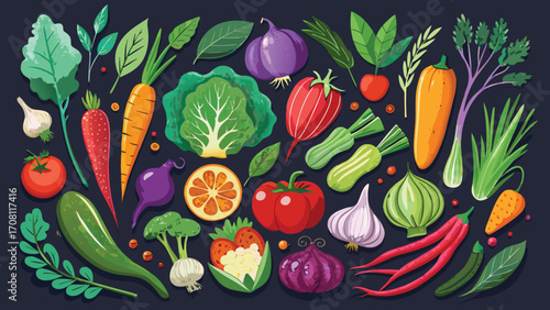 Colorful vegetarian food illustration fresh vegetables and fruits composition healthy eating ingredients nutrition vector design culinary elements vibrant produce
