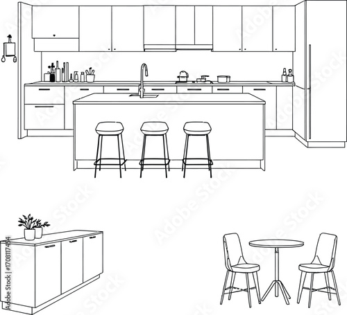 Kitchen interior drawing, vector illustration, sketch
