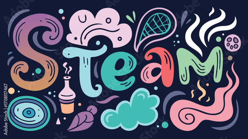 Colorful whimsical steam illustration with science art and technology elements in abstract shapes representing education and creative thinking for kids