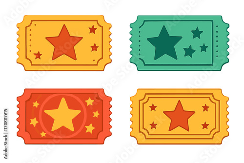 Set of colorful vector tickets with stars. Retro design for event admission, cinema, party, or carnival. Vintage coupon or raffle pass illustration collection isolated.