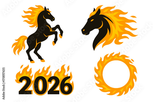 Chinese New Year 2026 Year of the Fire Horse vector set. Flaming horse silhouette, fiery mane and tail, burning numbers and fire ring. Astrology passion energy symbol.