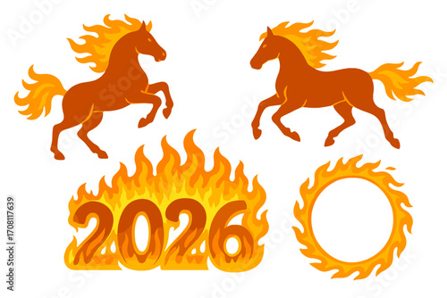 Year of the Fire Horse 2026 vector set. Chinese New Year celebration elements. Fiery horse silhouette, flaming numbers, fire ring. Zodiac symbol passion, energy, power.