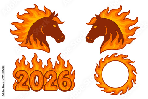 Year of the Fire Horse 2026, Chinese New Year. Vector set with fiery horse silhouettes, flaming mane, burning numbers, fire ring frame. Zodiac symbol, passion, energy, power.