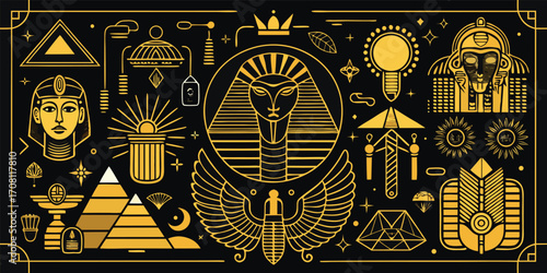 Egyptian mythology golden symbols and elements collection pharaoh gods pyramids eye of horus anubis iconography on a black background