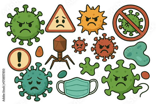 Set of virus and bacteria characters. Cartoon germ, microbe, pathogen illustrations. Coronavirus, bacteriophage icons. Health protection, medical mask, warning signs vector.