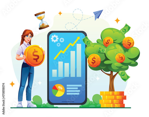 Woman holding a gold coin, standing next to a giant smartphone with a financial chart and a money tree. Investment concept design. Vector cartoon illustration
