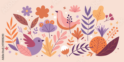 Elegant vector composition featuring colorful floral elements and bird illustrations creating a springtime mood in warm tones