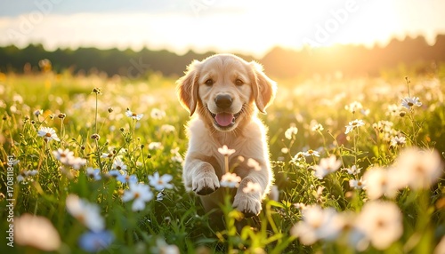 Happy Golden Retriever puppy in a field of flowers at sunset