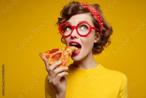 Woman in yellow shirt, red glasses, eating pizza, against yellow background.