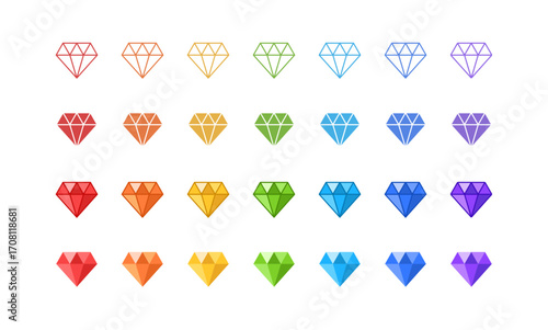 Diamond Icon set. Rainbow jewelry vector illustration