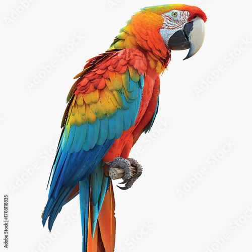 3D colorful macaw parrot perched, white background.